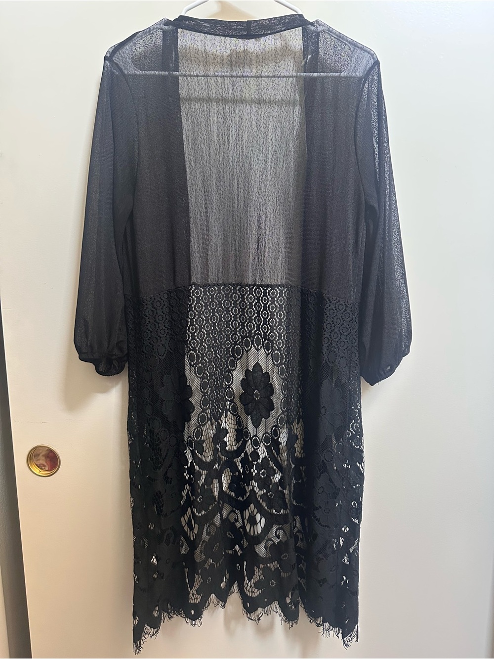 Black Lace Sheer Duster Knee Length Kimono Cover Up with scalloped hem - Picture 4 of 5